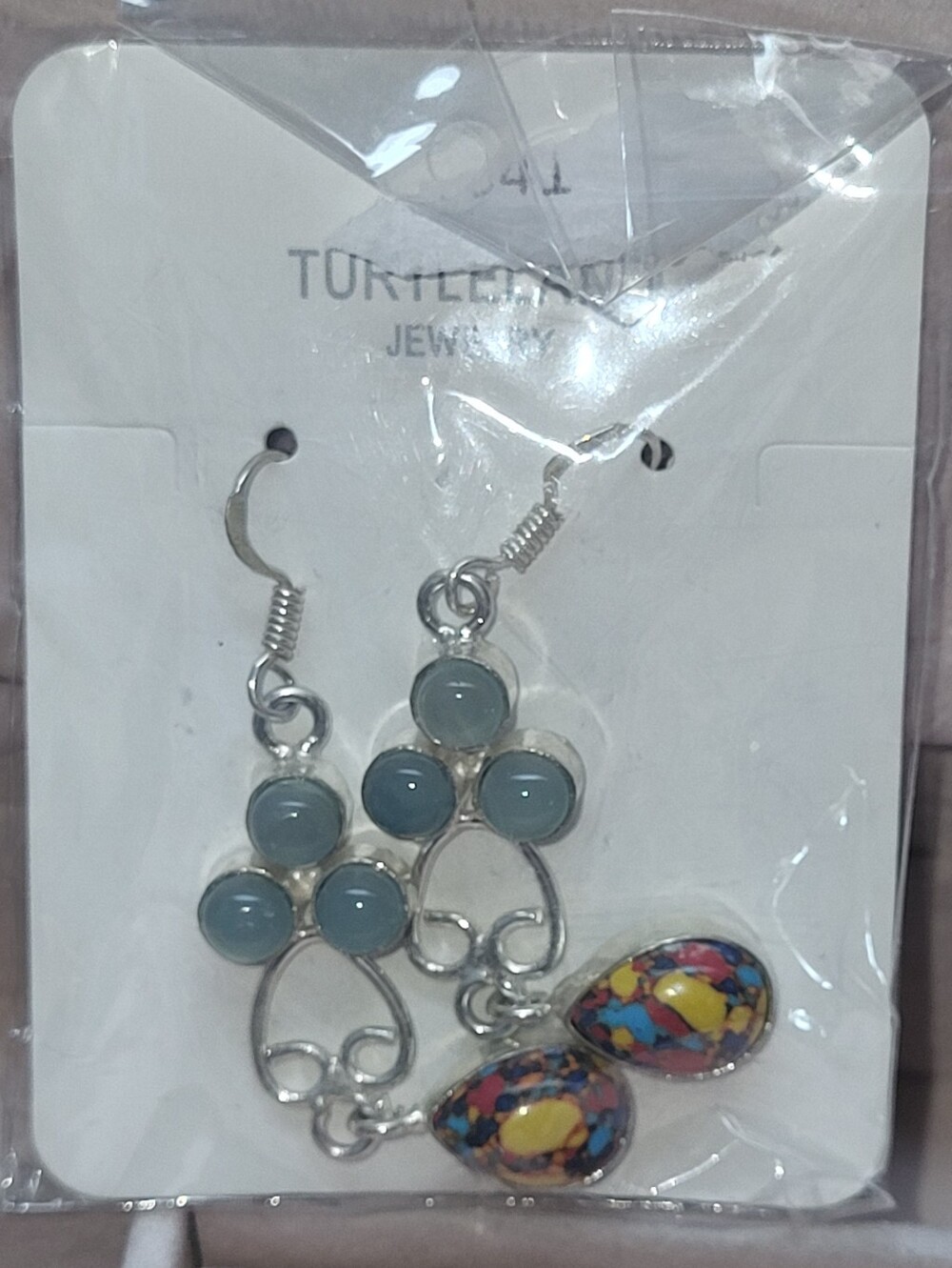 Brand New Turtleland Jewelry Boho Silver Dangle Earrings Mosaic Teardrop Blue